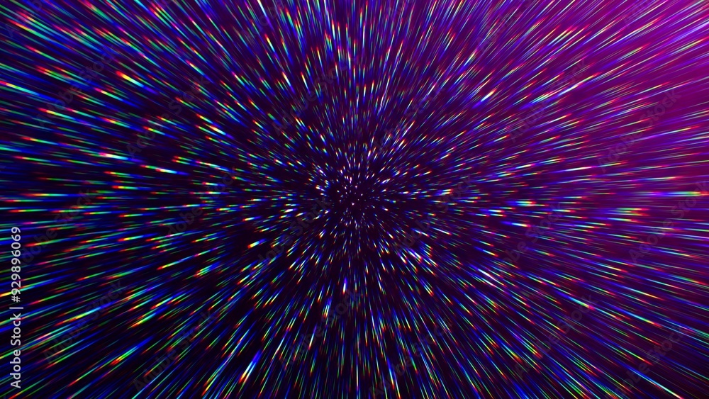 Poster flight to the stars at the speed of light. portal for hyperspace jump. colorful glowing cosmic backg