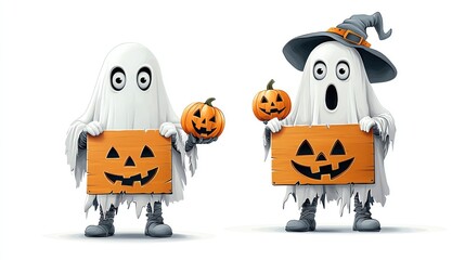 Two playful ghosts holding pumpkins and signs, perfect for Halloween themes and festive decorations.