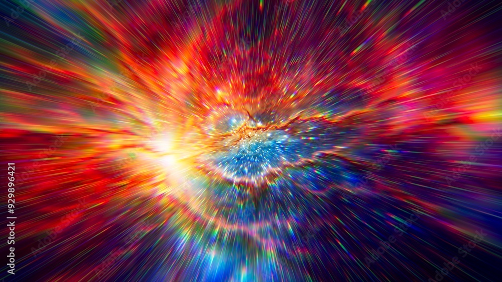 Poster flight to the stars at the speed of light. portal for hyperspace jump. colorful glowing cosmic backg