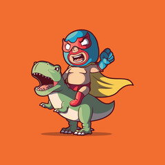 A luchador character on top of a T-Rex vector illustration. Fantasy, mascot design concept.