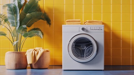 White washing machine with yellow towels against a yellow tiled wall with a plant in a wicker basket.