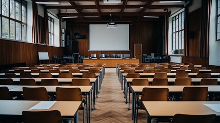 Empty Modern Classroom In the School Interior, Back to School Concept Book, Chair, table 3D Render.