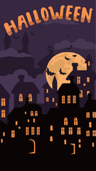 Halloween city with full moon and flying bats