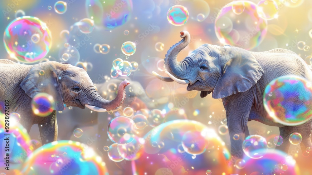Poster elephants playfully interact amidst vibrant, floating bubbles in a dreamlike landscape filled with w