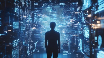 A lone figure standing before a digital wall of data