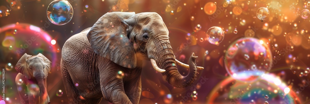 Aufkleber two elephants playfully roam amidst vibrant, floating bubbles in a magical and colorful environment,