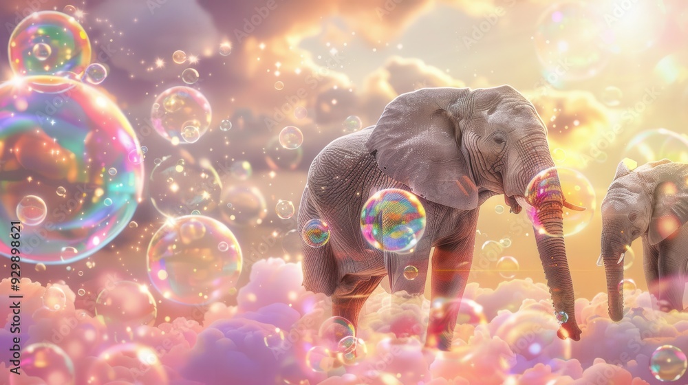 Poster elephants wander through a vibrant, dreamy environment filled with floating bubbles and pastel-color