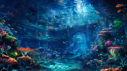 Underwater Ruins with Lush Coral Reef and Fish