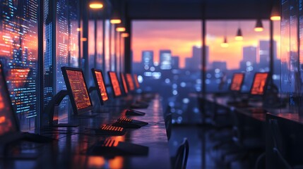 Coding in office environments, deserted tech firm office, rows of computers with code, soft evening glow, urban chic style, innovative and cutting-edge, calm and quiet mood