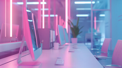 Obraz premium Modern office workspace with neon lighting. rows of desks & chairs with computer monitors, surrounded by glass walls. sleek minimalist design.