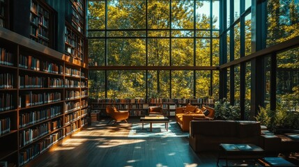 A well-lit, modern library with large windows showcasing a lush green forest, comfortable seating, and a coffee table.