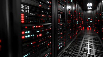 Naklejka premium Server Room with Glowing Red Lights