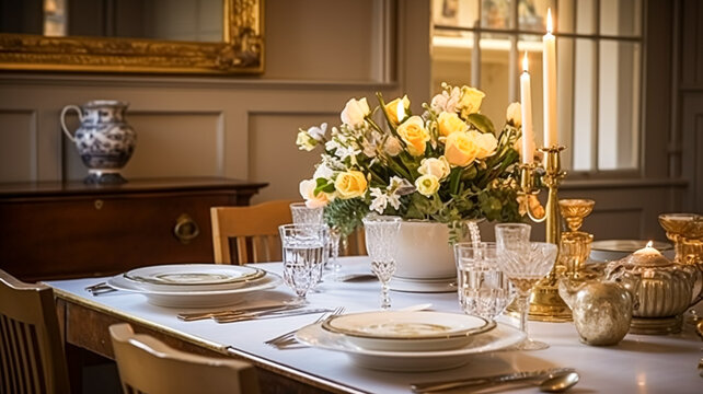 Holiday celebration table decor, festive tablescape in dining room, candles and flowers decoration for formal family dinner in the English country house, countryside interior design motif