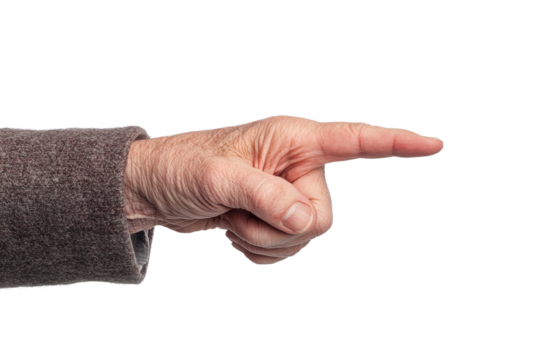 Close-up of an elderly hand pointing forward, showcasing a gesture of direction or emphasis. Ideal for communication themes.