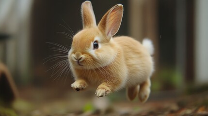 A cute brown rabbit leaps gracefully through a serene outdoor setting, embodying joy and playfulness in nature.