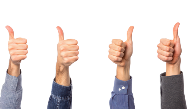Four hands showing thumbs up, symbolizing approval, success, and positive feedback in a professional or casual setting.