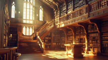 A grand library with a large staircase and tall windows, sunlight streaming through. © Iswanto