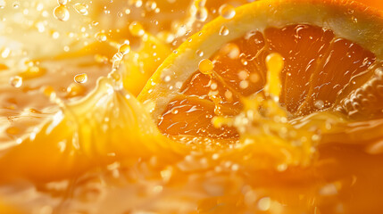 Splashing orange slice in golden liquid with vibrant light reflections
