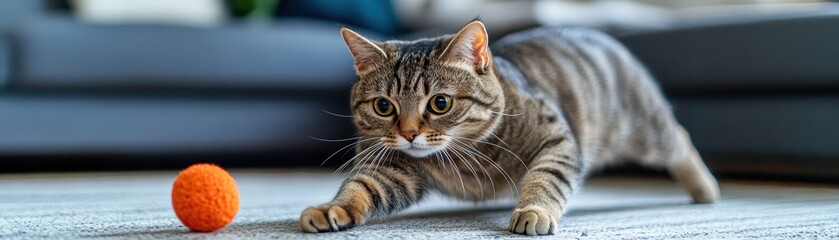 A playful tabby cat reaching for a vibrant orange ball in a cozy home environment, showcasing its agility and curiosity.