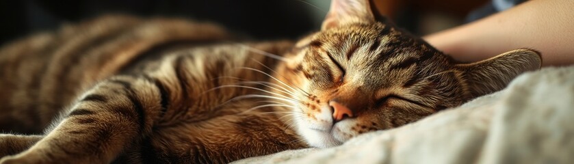 A relaxed tabby cat sleeping peacefully on a soft bed, enjoying a serene moment of tranquility and comfort.