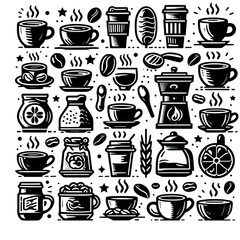 Obraz premium Coffee and tea cup logo Silhouette line art vector illustration on a white background. Coffee and tea set