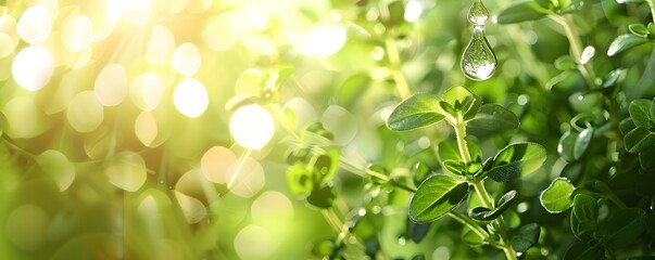 Dewdrop Hanging on a Green Leaf with Sunlit Background