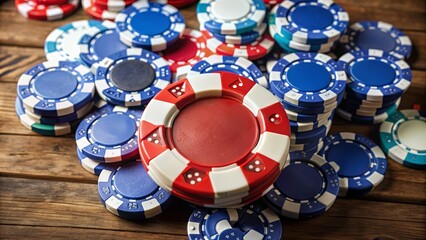 Poker Chips Stacked in Piles on a Wooden Table Close-Up