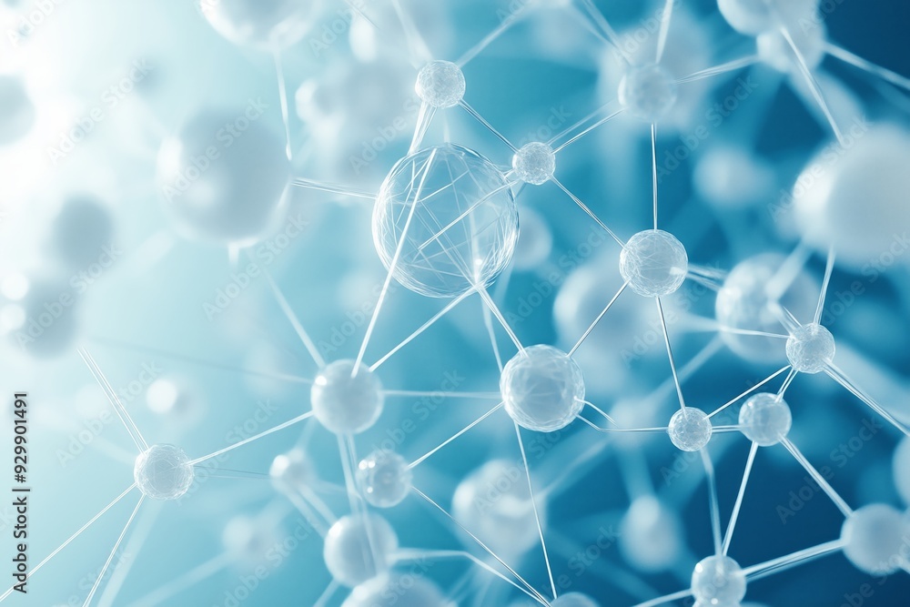 Poster 3d abstract white geometric shapes floating into a medical wireframe network with connecting dots in