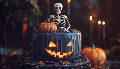 Obraz premium Halloween Cake with a Skeleton Topper and Jack-O-Lantern in Dark Setting