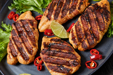 grilled chicken breasts wrapped in bacon on plate