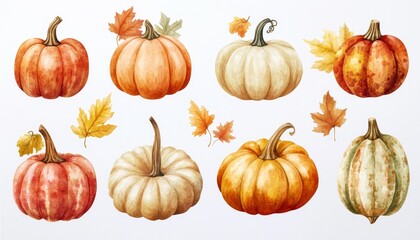 Digital Collection of Colorful Autumn Harvest Vegetables on White Background