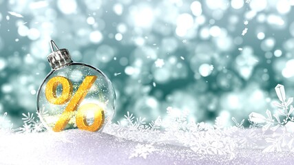3D illustration, Christmas Discount Concept with Glittering Snowflakes
