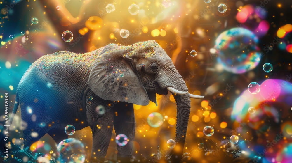 Poster elephants wander joyfully through a vibrant forest filled with colorful, floating bubbles in a whims
