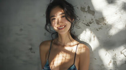 Naklejka premium The vibrant lighting in this dynamic scene highlights a young woman’s joyful pose and modern style, blending elegance with a visually artistic setting.