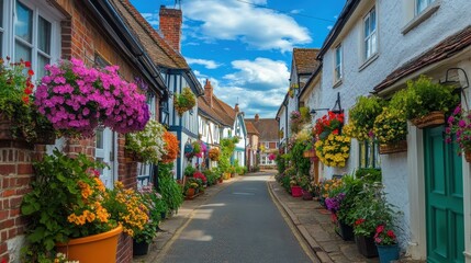 Obraz premium A picturesque street lined with colorful flowers and charming houses.