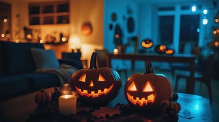 Obraz premium Two carved jack-o-lanterns on a wooden table with a burning candle in the foreground, against a blurry background of a living room with a sofa and a table.