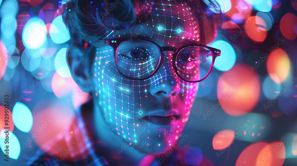 Wall mural close-up of a man in glasses analyzing digital data with futuristic overlay