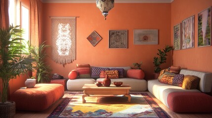 Cozy living room with an orange wall, a large sectional sofa, and a wooden coffee table with decorative items.