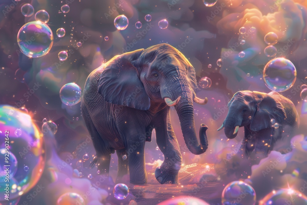 Poster elephants wander through a fantastical environment surrounded by vibrant, floating bubbles and a mag