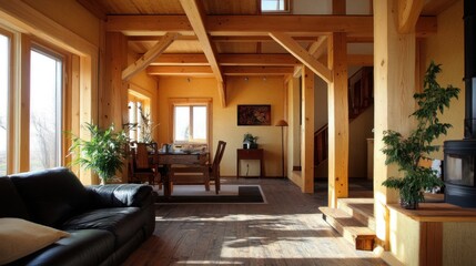 A modern living room with a large window, exposed wood beams, and a wood burning fireplace.