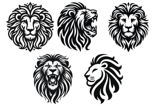 Tribal lion head illustrations set black and white vector, tattoo designs, logo templates