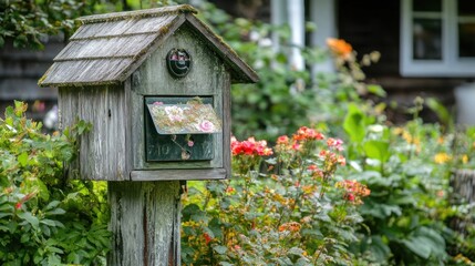 Rustic wooden mailbox with a floral design and a green roof, surrounded by a lush garden.