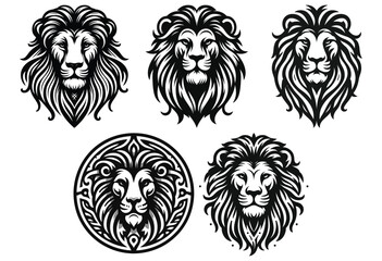 Stylized lion head illustrations, black and white, emblem design, powerful symbolism