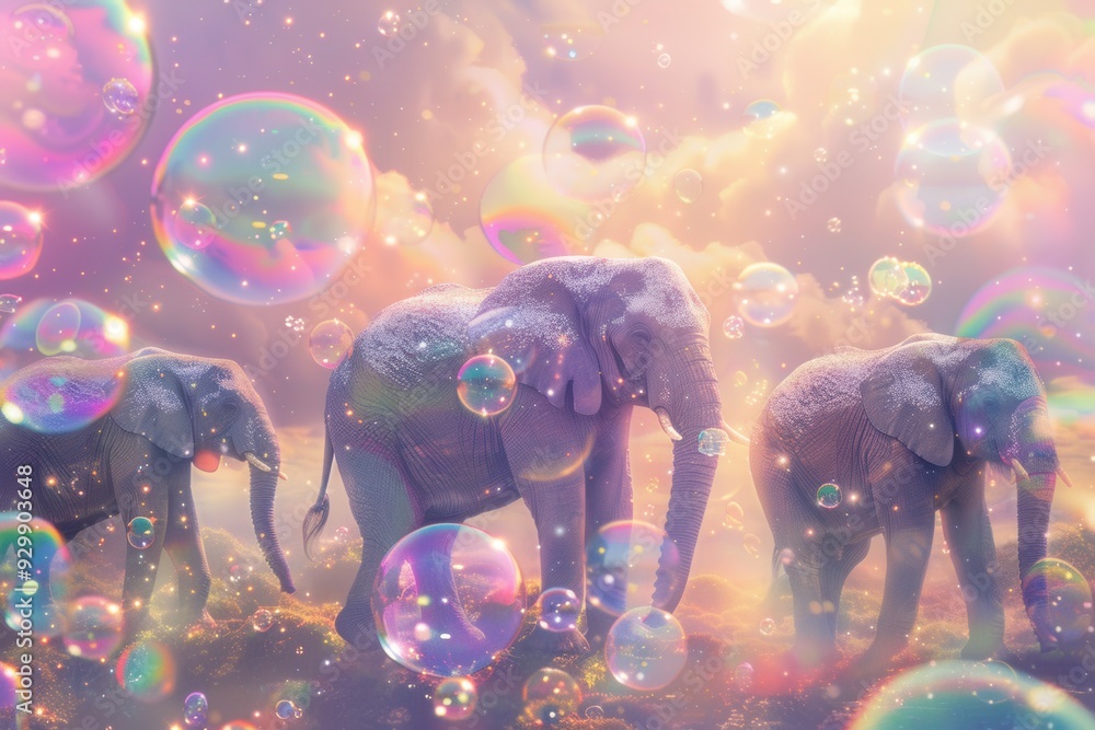 Aufkleber Elephants wander through a dreamy world, surrounded by vibrant bubbles that float gently in the air, creating a whimsical atmosphere. Generative AI