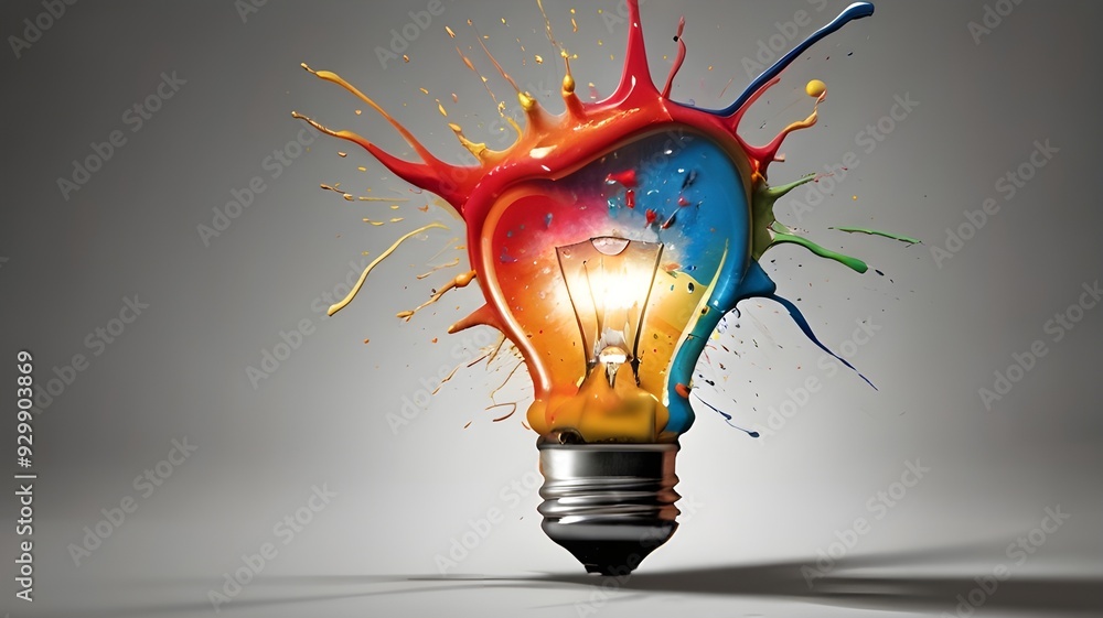 Poster this is a very creative and vibrant image! it shows a lightbulb filled with colorful paint that is e