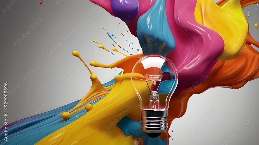 Poster this is a very creative and vibrant image! it shows a lightbulb filled with colorful paint that is e