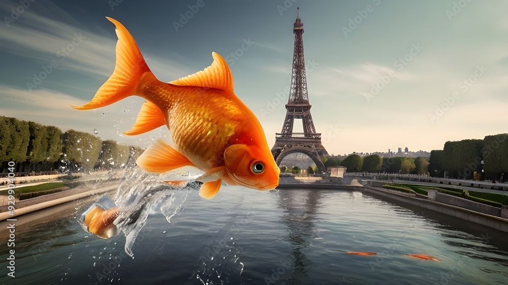 Poster this is a very creative and funny image! it shows a giant goldfish swimming around the eiffel tower.