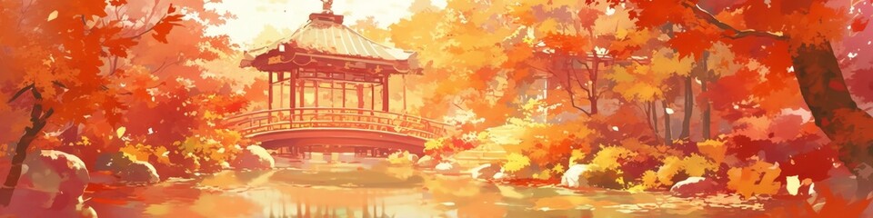 Fototapeta premium Enchanting Autumn Landscape: Anime-Style Illustration of Ancient Japanese and Chinese Temples Amidst Fall Foliage. Creative Abstract Design for UI, Web Marketing, and 4K Wallpapers Showcasing Cultural