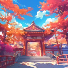 Fototapeta premium Enchanting Autumn Landscape: Anime-Style Illustration of Ancient Japanese and Chinese Temples Amidst Fall Foliage. Creative Abstract Design for UI, Web Marketing, and 4K Wallpapers Showcasing Cultural