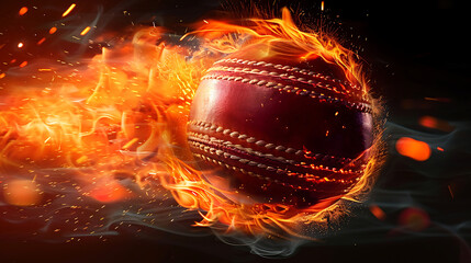 Flaming cricket ball on black and red gradient background.